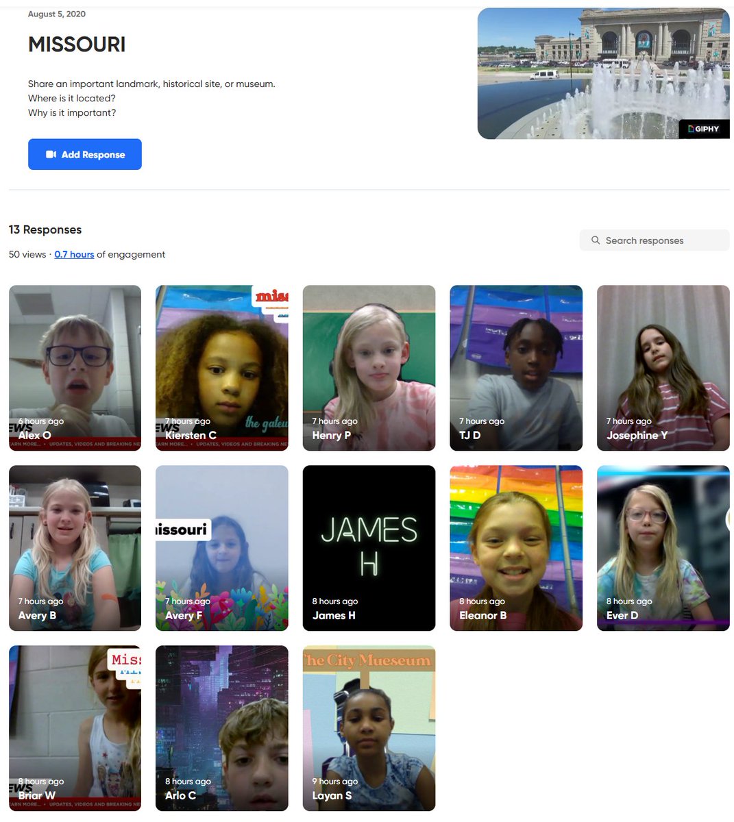 lieberrian's tweet photo. Today I was so excited to see these @Flipgrid kiddos sharing what they love about their great state of Missouri! Share a favorite landmark, historical site, or museum from YOUR state or country: https://t.co/MvdNygLNFk
#FlipgridForAll @FlipgridEvents #FlipgridLive #FlipFest https://t.co/bOM0gJAN08