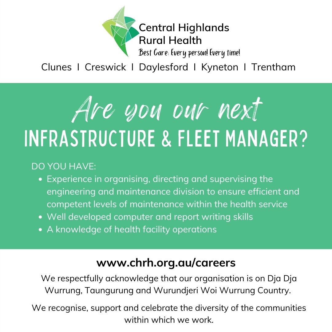 #POSITIONSVACANT: Infrastructure & Fleet Manager
In the role of Infrastructure & Fleet Manager, you will be the face of facilities management for our stakeholders across the health service.
Find out more here: chrh.org.au/careers/