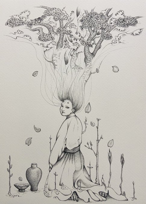 ペン画なども描いています✍🏻
主に点描。
(髪の毛は線ですけど✍🏻)

☆ももとせ(ソメイヨシノ)
☆逢瀬
☆執金剛神
☆六条御息所(源氏物語)

#ペン画 #pendrawing #点描画 #pointillism 