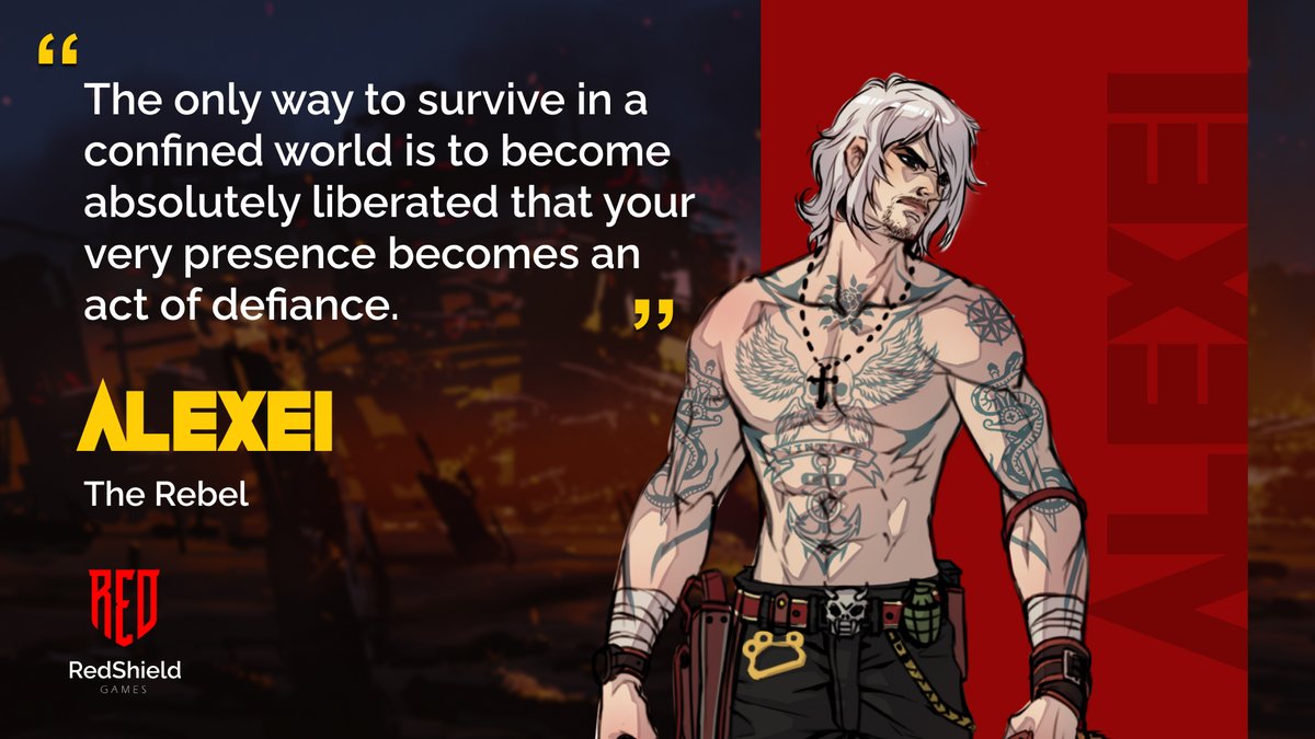 redshield_games's tweet photo. Alexei wasn’t always a rebel, but war taught him that violence is less terrifying than being moulded into what the society expects him to be. 
Read his lore: https://t.co/LY8N6CvD57 https://t.co/VR9QYLZw3p