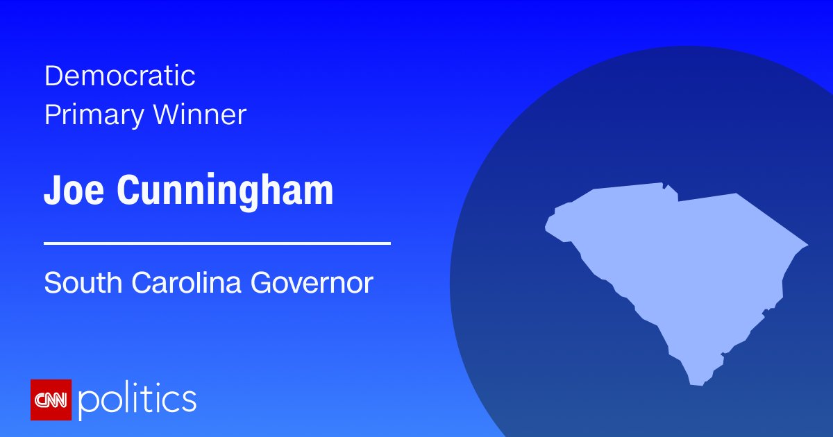 CNN's tweet photo. CNN PROJECTION: Joe Cunningham will win the South Carolina Democratic primary for governor. He will face incumbent Republican Henry McMaster in November https://t.co/HGRtvj9TBh https://t.co/je71YOfTnV