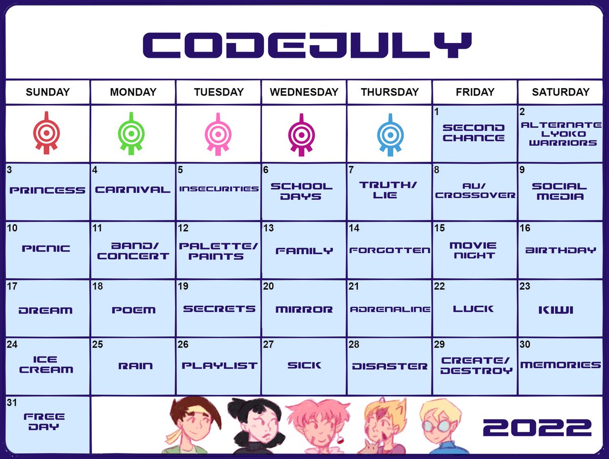 semie78's tweet image. The CodeJuly 2022 calendar is here!!! #codelyoko #codejuly #codejuly22
