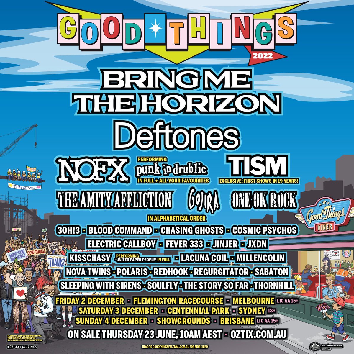 Australia - get ready! 🇦🇺
We're playing "Punk In Drublic" in full this December at GOOD THINGS 2022!
Presale Register ➡ goodthings2022.cc/NOFX

Pre-sale begins Tuesday 21 June 10:00 AM AEST
Tickets on sale Thursday 23 June 10:00 AM AEST