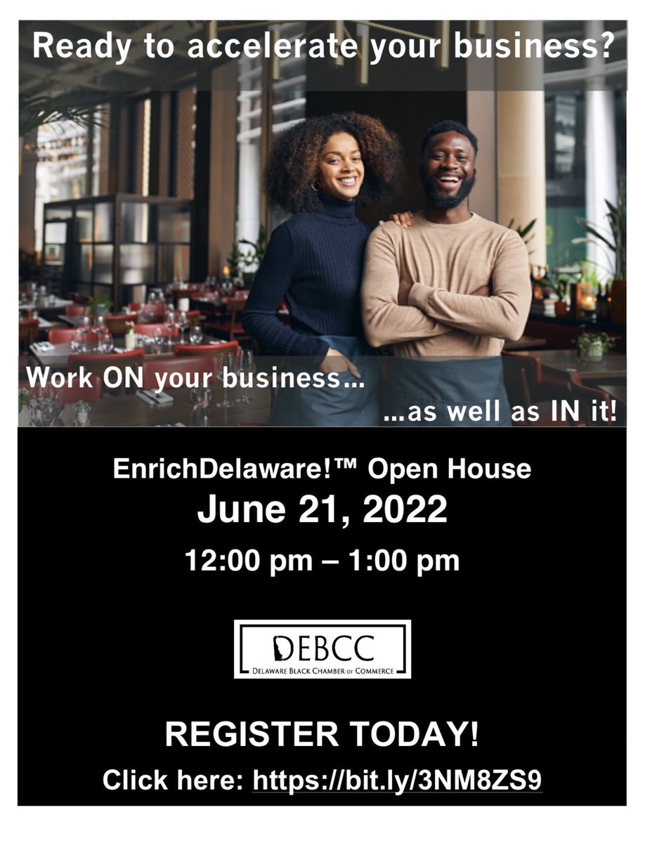 TheDebcc's tweet photo. We are having our EnrichDelaware! open house a week from today, Tuesday June 21st via Zoom. Register today at https://t.co/Ou2oWimbrz. Come hear from our partners and graduates to learn more about this amazing program.
#EnrichDelaware #DEBCC https://t.co/zLm3y13mpX