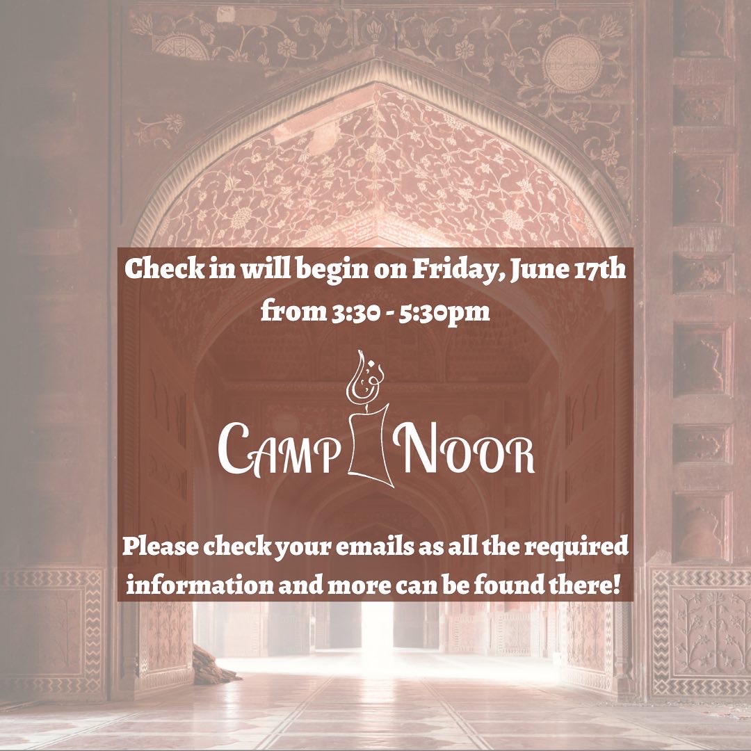campnoor1's tweet photo. Salaam Alaikum everyone,

We are so excited to see you soon! We are 3 days away from camp!! InshaAllah we will start check in at the camp site at 3:30pm, for all other information such as camp address and items to bring please check your emails! https://t.co/cXlFaLjeCv