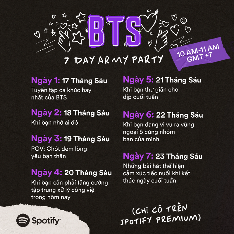 SpotifyKpop's tweet photo. 💜ARMY! Có điều thú vị vào THỨ SÁU này!

#7DayARMYParty với những danh sách phát theo chủ đề mới hằng ngày, từ ngày 17/6–23/6, phối cùng những bài hát mới và cả những bài cũ mà bạn yêu thích.

Thêm ngay vào ghi chú nhắc trên lịch!📅

#SpotifyxBTS #SpotifyPurpleU
