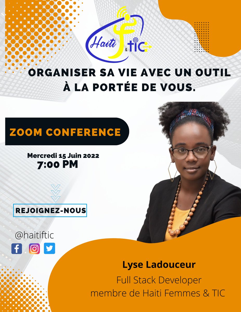 haitiftic's tweet photo. HFTIC vous invite à sa deuxième rubrique du mercredi partage. 
Le rendez-vous est classé pour ce mercredi 15 Juin 2022 à 7:00 PM.
Topic: "Organiser sa vie avec un outil à la portée de vous."
Join Zoom Meeting
https://t.co/YQdGDLTEwN...
Meeting ID: 964 4698 8943
Passcode: 852324 https://t.co/WZ5LrjkKRX