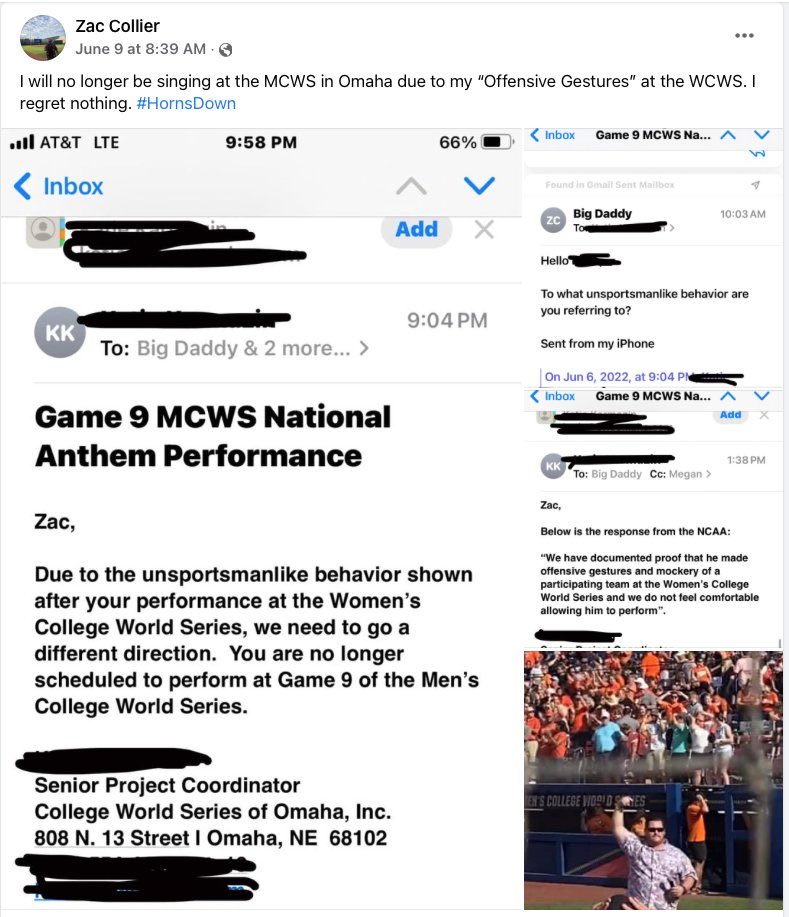 bigdonkey47's tweet photo. Here come the NCAA fun police again: a singer scheduled to sing the national anthem in Omaha this week has his performance cancelled by the NCAA for offensive gestures aka *horns down* https://t.co/R5SuSWTO2T