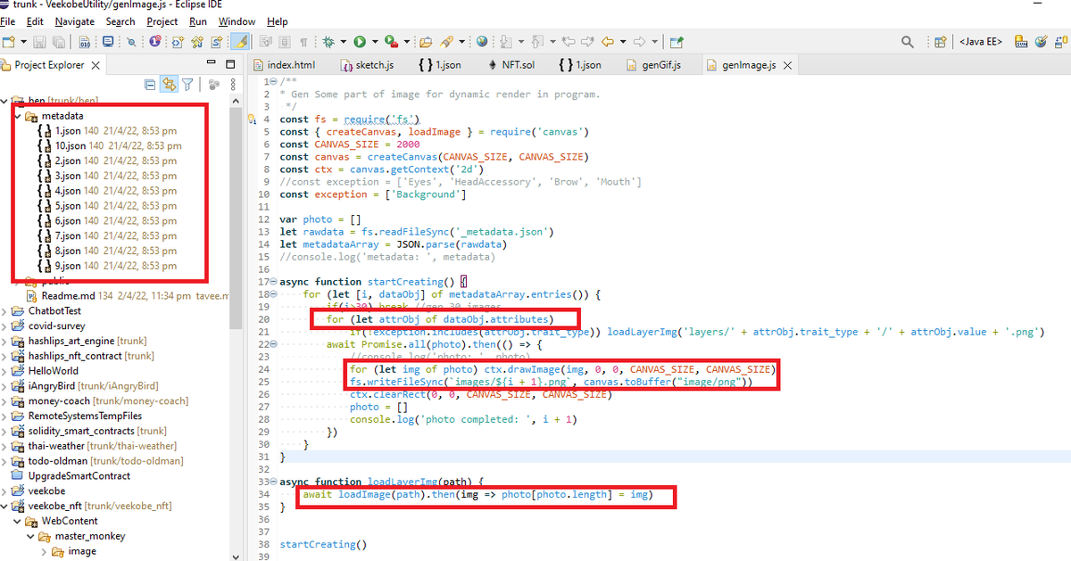 3 ขั้นตอน Generate ภาพ set เดิม จาก metadata แบบย้อนกลับ
แก้ปัญหาอยากได้ภาพ set เดิม แต่ทำภาพหาย...
(หลังจากที่ Generate random unique แล้ว)
1. loadLayerImg
2. ctx.drawImage
3. fs.writeFileSync

และสามารถ modify ภาพนิ่งให้เป็นภาพ gif ได้ด้วยคำสั่ง new GifEncoder และ addFrame