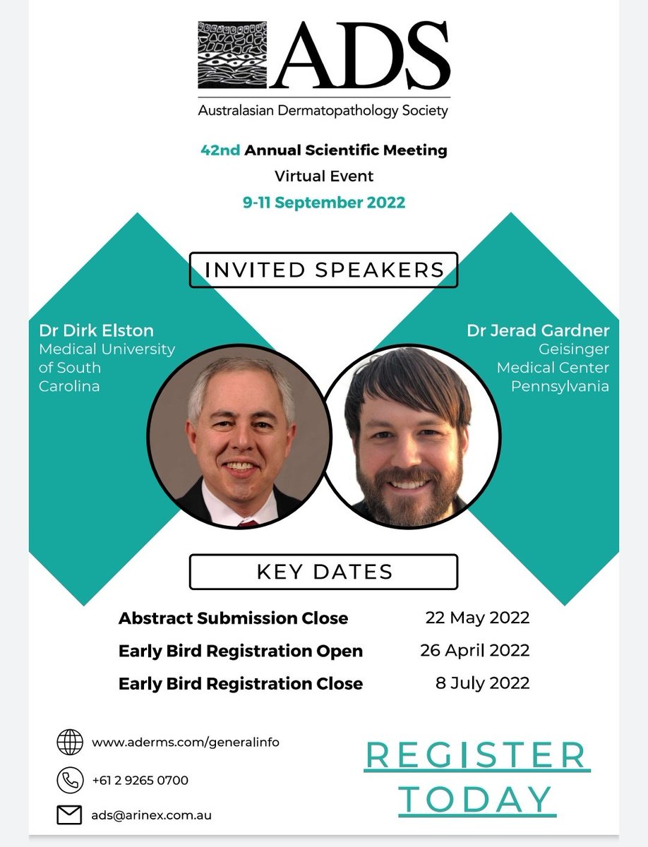 The Australasian Dermatopathology Society meeting will be a virtual event.  3 days of great live content, including lectures from <a href="/JMGardnerMD/">Jerad Gardner, MD</a> and Dirk Elston.  Content available on demand following the meeting.  All our #dermpath #dermatology and #pathology friends welcome.