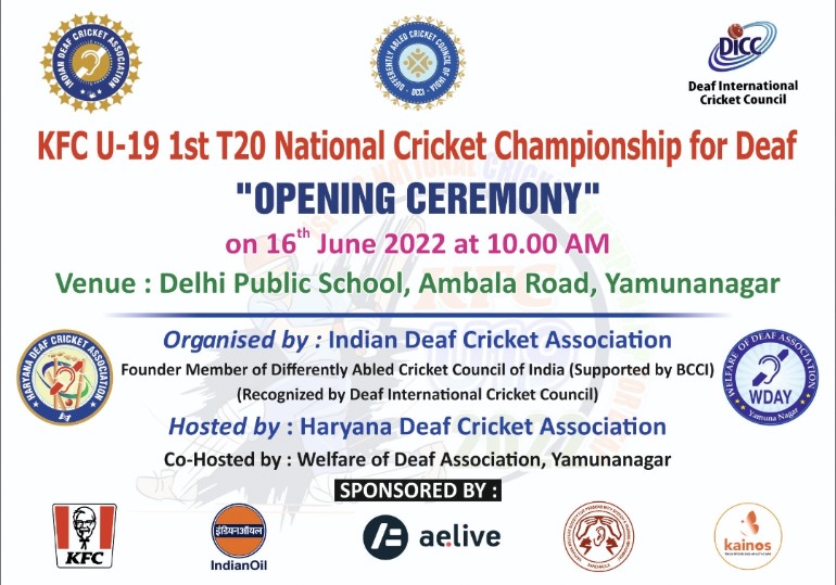 official_idca's tweet photo. We invite you to the KFC U-19 T20 National Cricket Championship for Deaf. The opening ceremony will take place on 16th June at 10:00AM at DPS, Ambala Road, Yamuna Nagar.
@ICC @BCCI #DICC @dcciofficial @KFC_India #IndianOil #HDCA #WDAY #HCA @JayShah @AnirudhChaudhry @ThakurArunS https://t.co/7JvgYDxXEp