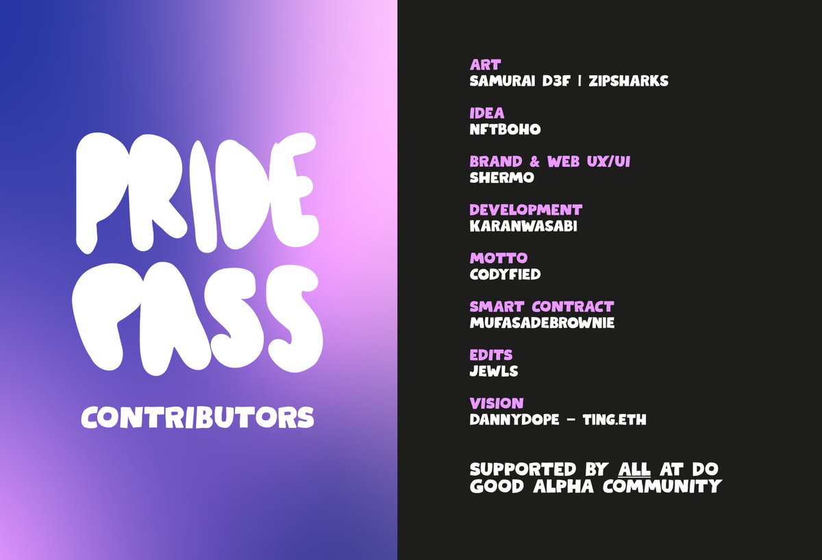 Danny Dope (@imdannydope) on Twitter photo WE come together.
WE ideate.
WE build.
WE ALL benefit.
The Pride Pass would not be done or at the speed it was, if it wasn't for an AMAZING joint effort.
Shout out to <a href="/d3fb0t/">SamuraiD3f 🦈 zips</a> @mufasabrownie <a href="/nftboho/">NFT ₿oho</a> <a href="/KaranWasabi/">KaranWasabi.eth</a> <a href="/shermo26/">Shermo💣</a> @juliekendra <a href="/codybayne/">CODYFIED</a>.
and.... ITS FREE - 6/17 💚 WE come together.
WE ideate.
WE build.
WE ALL benefit.
The Pride Pass would not be done or at the speed it was, if it wasn't for an AMAZING joint effort.
Shout out to <a href="/d3fb0t/">SamuraiD3f 🦈 zips</a> @mufasabrownie <a href="/nftboho/">NFT ₿oho</a> <a href="/KaranWasabi/">KaranWasabi.eth</a> <a href="/shermo26/">Shermo💣</a> @juliekendra <a href="/codybayne/">CODYFIED</a>.
and.... ITS FREE - 6/17 💚