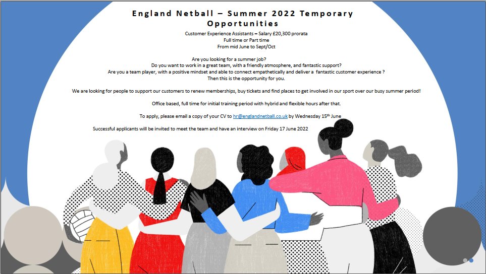 Are you looking for a part time summer job? 🤔

We are looking for people to support our customers to renew memberships &amp; find places to get involved in over our busy summer period! 

To apply, email a copy of your CV to 
👉hr@englandnetball.co.uk by Wednesday 15th June 2022