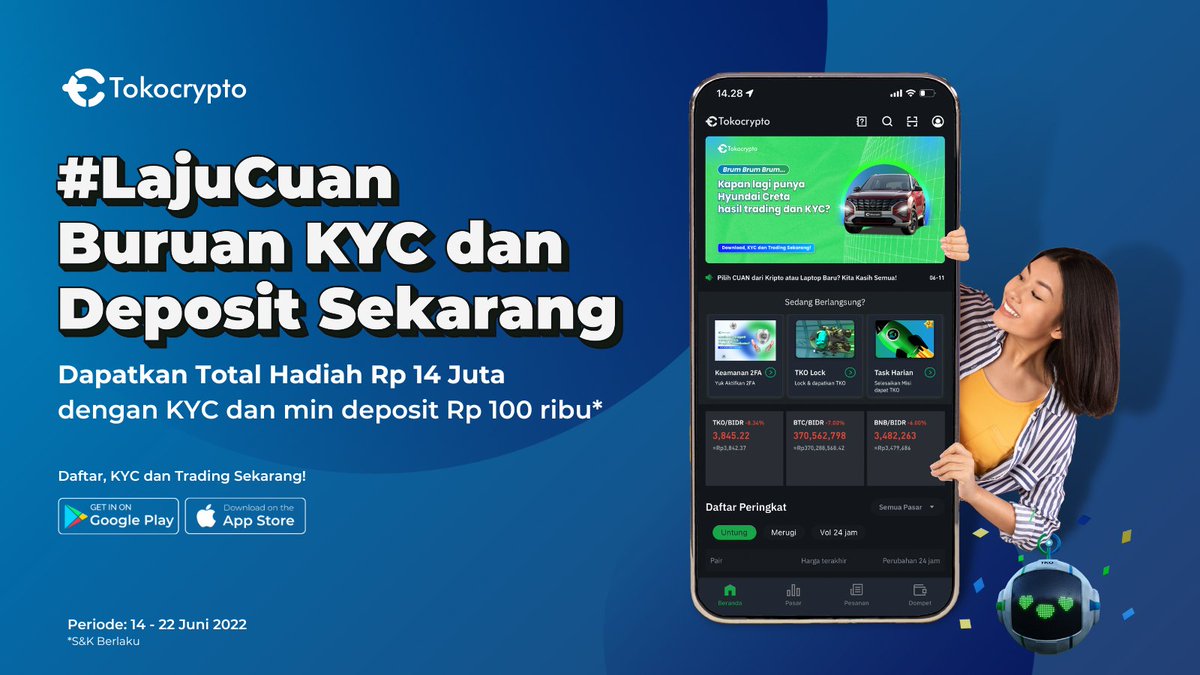 Tokocrypto's tweet photo. #SiapLebihCuan bareng Tokocrypto di Bulan Juni 2022! Dapatkan voucher sebesar $10 dalam bentuk TKO dengan register &amp; verifikasi (KYC) Tokocrypto 😎 Yuk buruan ikutan #LAJUCuan!

Selengkapnya https://t.co/5HJvLFM4GD

#Tokocrypto #SiapLebih #SalamToTheMoon https://t.co/y6HcajLCvW