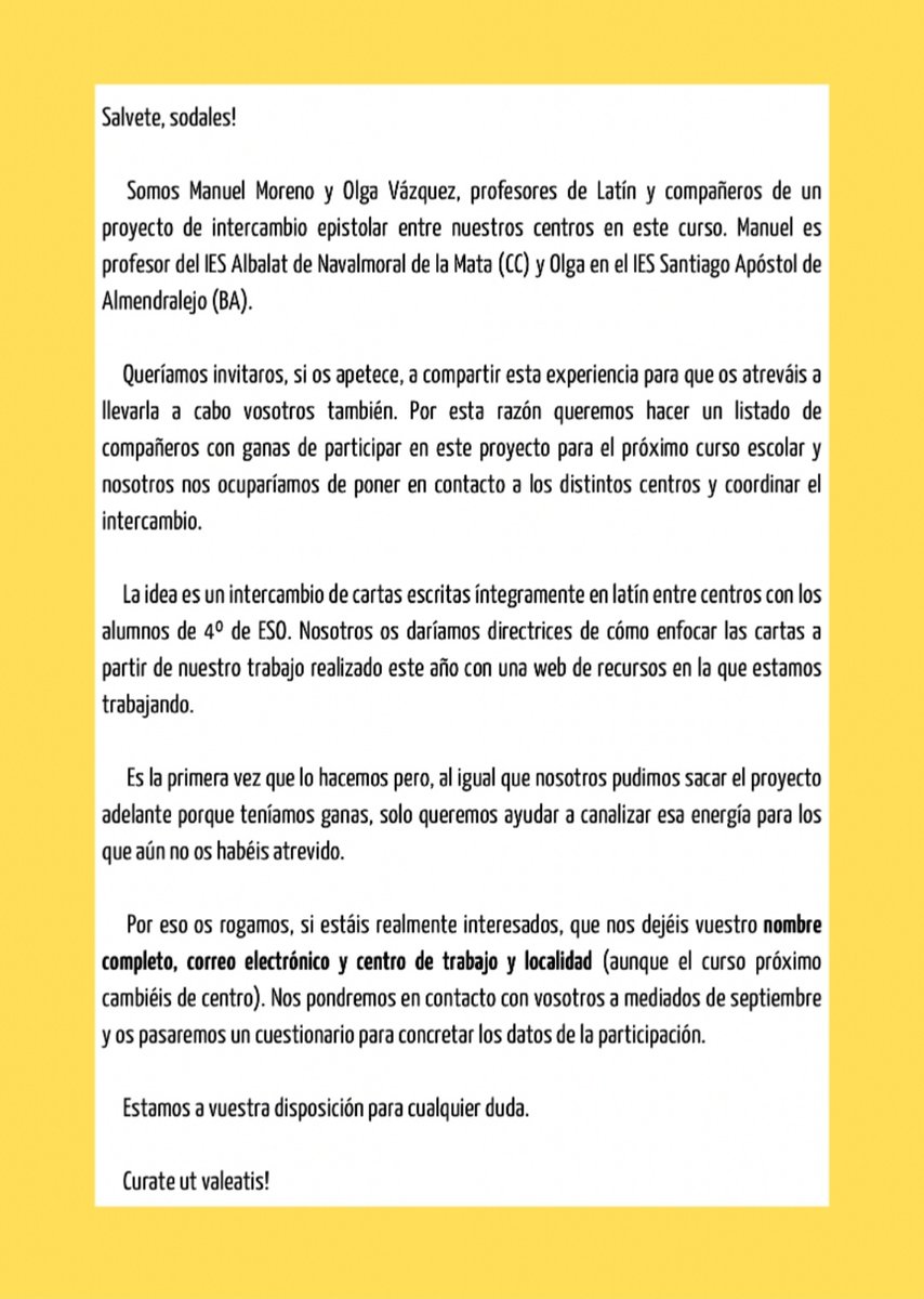 teagenes's tweet photo. ✉️ ¿Quieres que tus alumnos de 4° ESO se carteen en latín el curso próximo? @olgamvazquez y yo os contamos nuestra idea aquí 👇🏼. Si te animas, mándanos un DM. También nos vale un retuit 😉. #LinguaLatina #CommerciumEpistularum https://t.co/KMXdwZIkX5