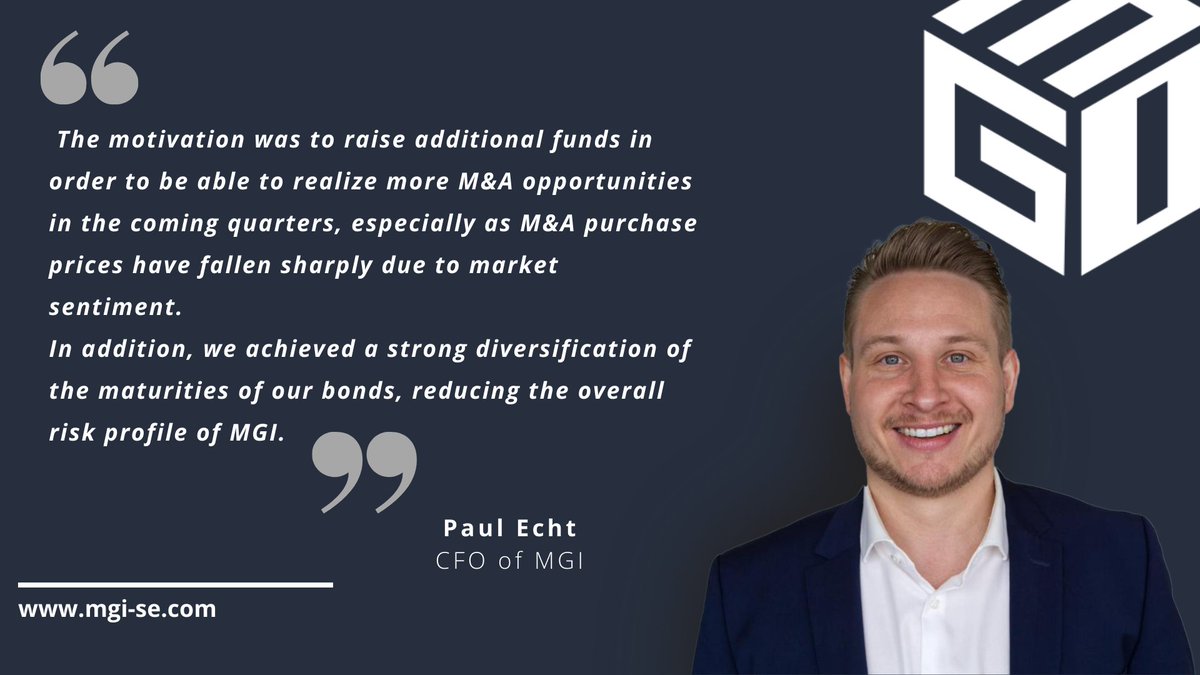 MGI_SE's tweet photo. Check out the interview between CFO Paul Echt and GBC AG Analyst Marcel Goldmann to learn more about the latest successful bond issue, M&A strategy and the prospects of MGI in the current changing market environment.
https://t.co/sT6kOyzHTv
#cfointerview #bondissue #mgi https://t.co/0j9Woz1ljE