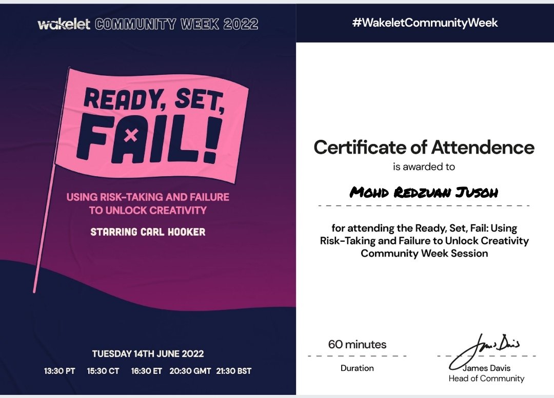 reizwan's tweet photo. ‘Ready, Set, FAIL! Using Risk-taking and Failure to Unlock Creativity’!
@kamariah_awg @Adamhowarth32 @tkchang0214 @MichaelFD95 @wakelet @JBDbiz @pervez_maha @Cnight97 @faridsculpt #WakeletCommunityWeek #WakeletWave #WakeletLive #WakeletMY https://t.co/5EBnm9QbgH