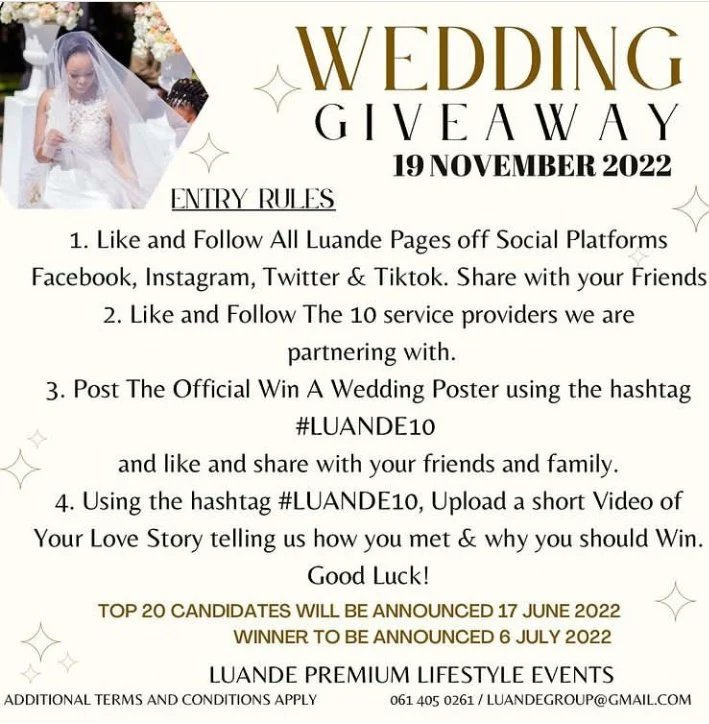 uMambulazi's tweet photo. Hi guys ๐๐ as part of the #Luande10 wedding giveaway entry I posted the below Reel on my IG. Please show me some love and don't forget to tag me on IG on accounts mentioned on poster๐๐ฅบ
https://t.co/ju0V4Qe0HG https://t.co/gAsf1EYwKL