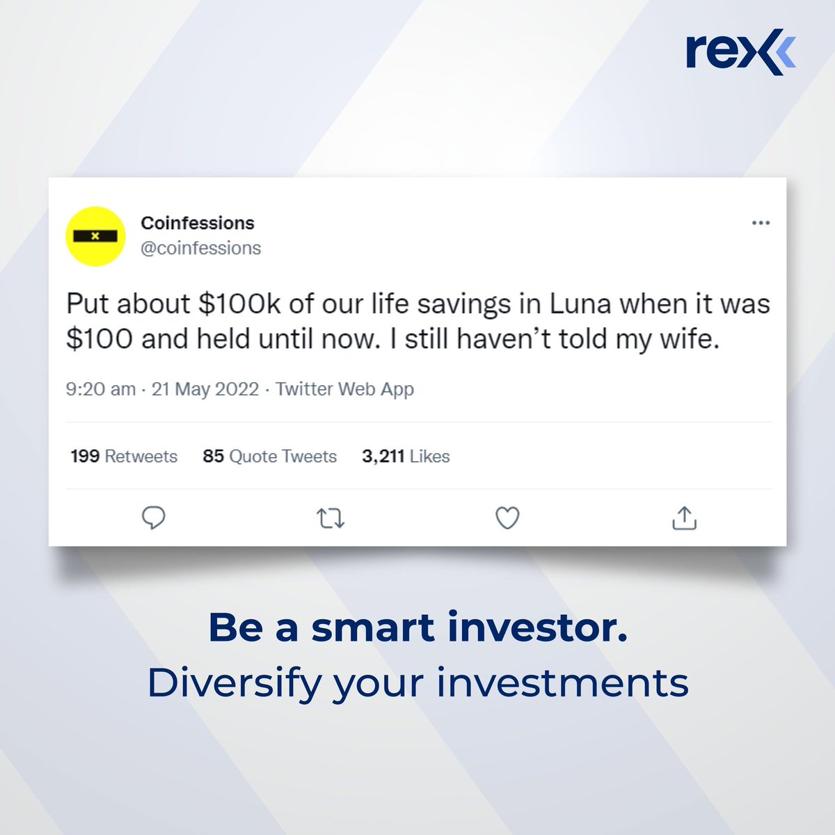 Finance 101: Diversify your investments!

The current price of LUNA is $0.000058 per LUNA. This is 100.00% below its all time high of $119.184624.

Join the Rex waitlist.
Click the link in our bio.

#ExperienceMore #Rex #Wealth #crypto #investment