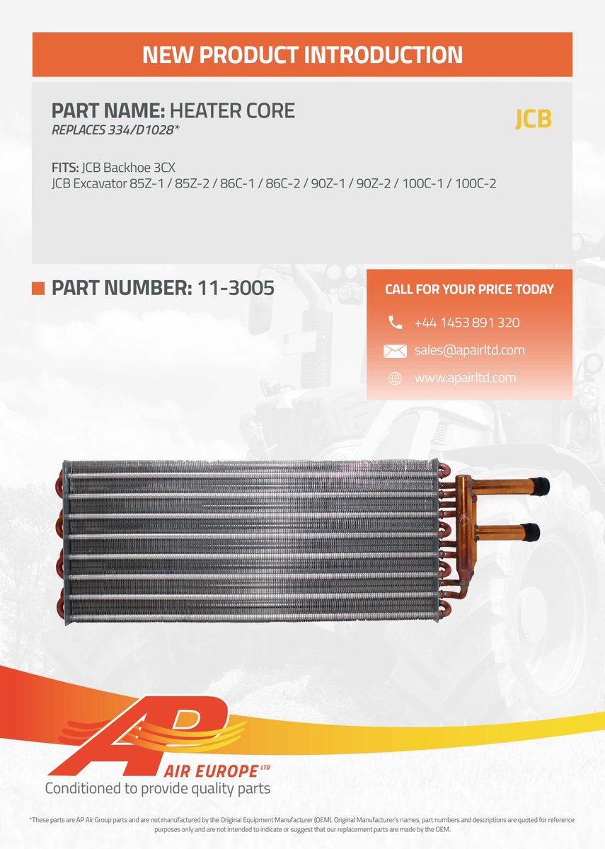 APAIRLtd's tweet photo. ⭐️ Looking for #JCB #airconparts ⭐️
We can help!
Find #acspares for #constructionmachinery at https://t.co/zXAti5bcGQ incl this new #heatercore
Our part 11-3005 fits
☑️ JCB #Backhoe 3CX
☑️ JCB #Excavator 85Z-1 🔳 85Z-2 🔳 86C-1 🔳 86C-2 🔳 90Z-1 🔳 90Z-2 🔳 100C-1 🔳 100C-2 https://t.co/fv6Pk50RAM