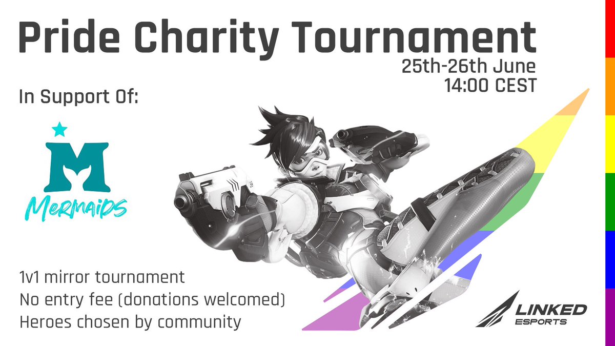 OWICC_'s tweet photo. Happy pride month everyone! We here at Linked Esports are running a 1v1 tournament raising money for @Mermaids_Gender, a U.K. charity supporting transgender youth! Come join, signups in the OWICC Discord here: https://t.co/paIlOsqKEW https://t.co/rWMUtkGWVz