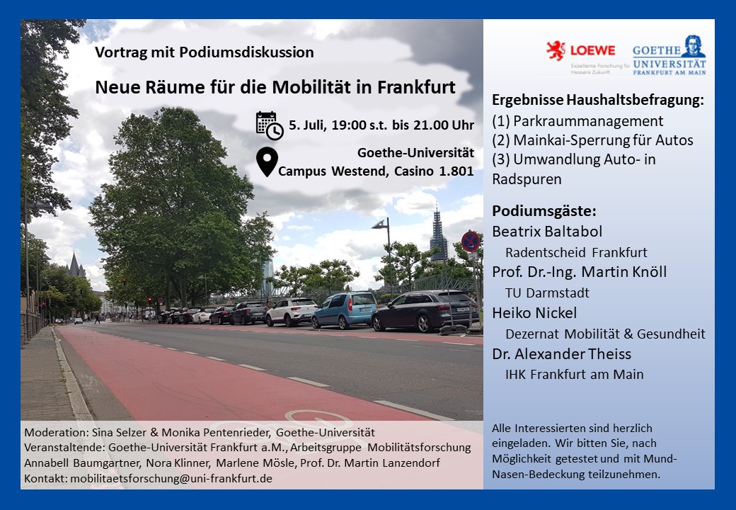 Einladung zu Vortrag und Podiumsdiskussion am 5. Juli 19 Uhr am Campus Westend
"Neue Räume für die Mobilität in Frankfurt"
Welche verkehrspolitischen Maßnahmen wünschen sich die Frankfurter*innen?

<a href="/goetheuni/">Goethe-Universität</a> <a href="/RadentscheidFFM/">Radentscheid Frankfurt</a> @MartinKnoell <a href="/TUDarmstadt/">TU Darmstadt</a> <a href="/HeikoNickel/">Heiko Nickel</a> <a href="/IHK_FFM/">IHK Frankfurt am Main</a>