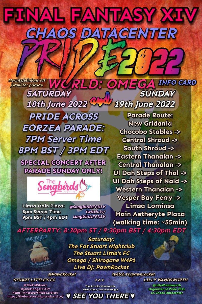 JaneMangoFFXIV's tweet photo. Revised info/list of attendees!!

🏳️‍���� Chaos DC Pride 2022 🏳️‍🌈

Tell everyone you know, let's show FFXIV Pride Across Eorzea!!

Sat and Sun, 18th and 19th June 2022! Chaos/Omega, parades begin at 7PM ST!
Sat afterparty hosted by @pawnrocket_
Sun concert performed by @SongbirdsFFXIV https://t.co/p8vTjG76Rt
