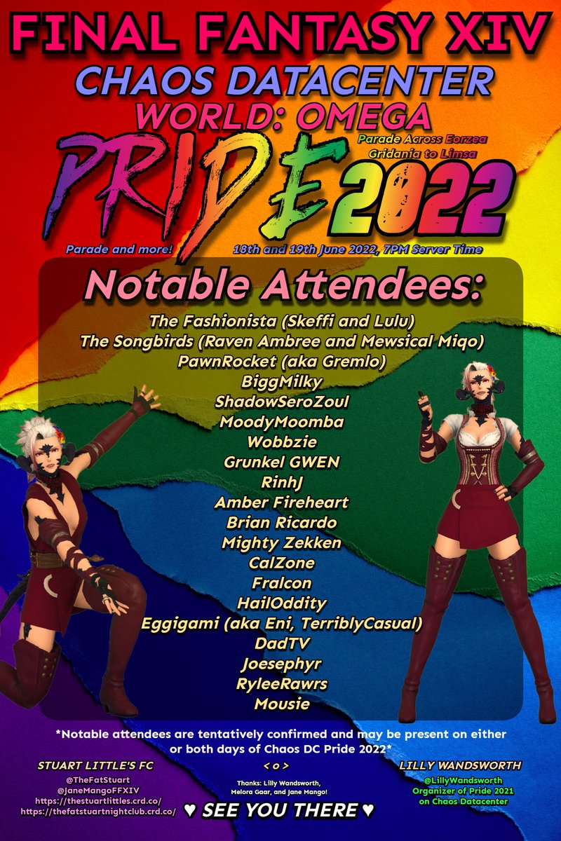JaneMangoFFXIV's tweet photo. Revised info/list of attendees!!

🏳️‍���� Chaos DC Pride 2022 🏳️‍🌈

Tell everyone you know, let's show FFXIV Pride Across Eorzea!!

Sat and Sun, 18th and 19th June 2022! Chaos/Omega, parades begin at 7PM ST!
Sat afterparty hosted by @pawnrocket_
Sun concert performed by @SongbirdsFFXIV https://t.co/p8vTjG76Rt