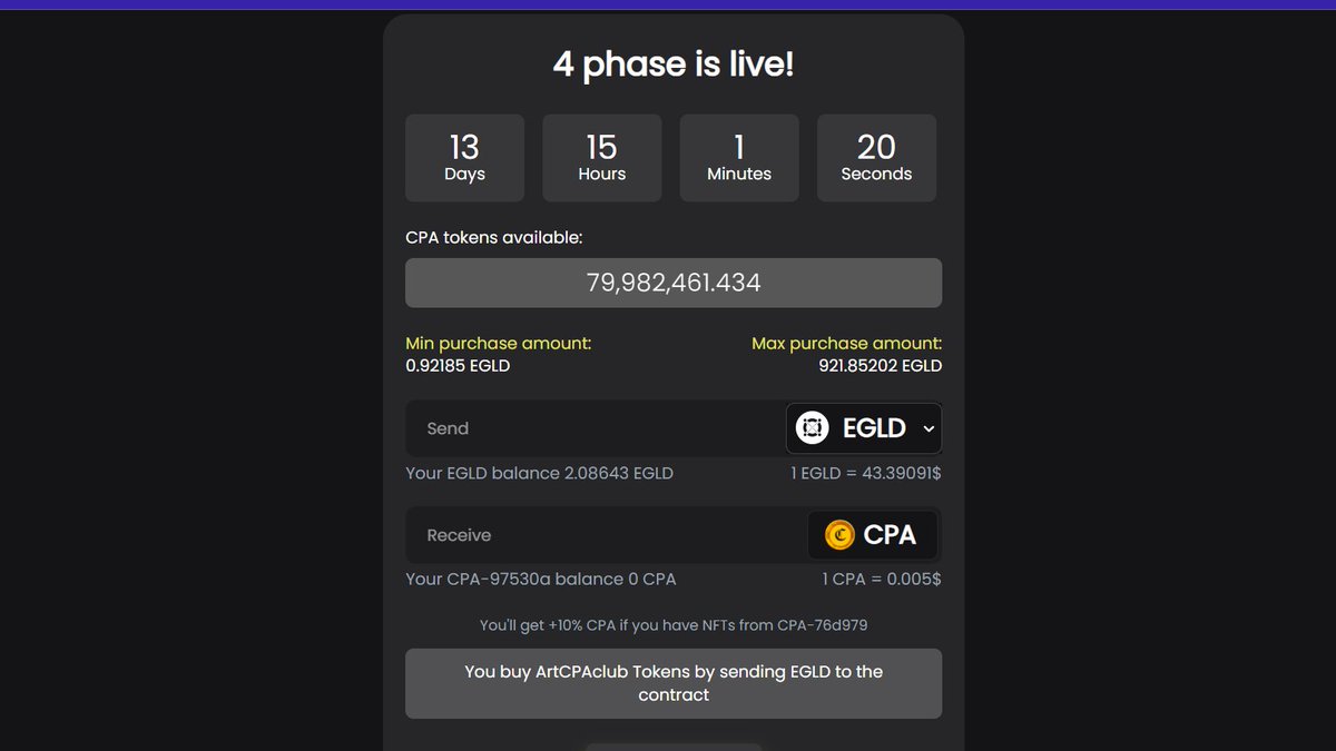 📣 $CPA Presale Phase 4 is now on
Join our journey 🙌
Buy your share of $CPA at 🔽
artcpaclub.com
8,325,041 $CPA staked already 
Up to 250% APR 🔽
artcpaclub.com/staking

#CPA #EGLD #ElrondCommunity #ArtCPAclub #Elrond