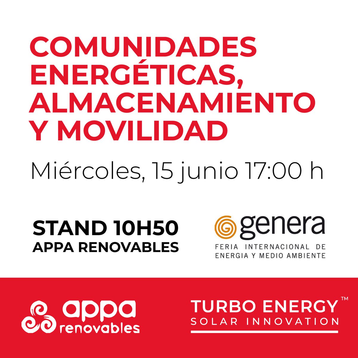 turbo_energy's tweet photo. If you are at @FeriaGenera today, stop by the @APPA_Renovables technical conference: Energy Communities, Storage and Mobility, in which our colleague Pablo de la Cuadra, Product Research Manager at #TurboEnergy is participating. #SunBoxEV https://t.co/Mo1GwmWzKe