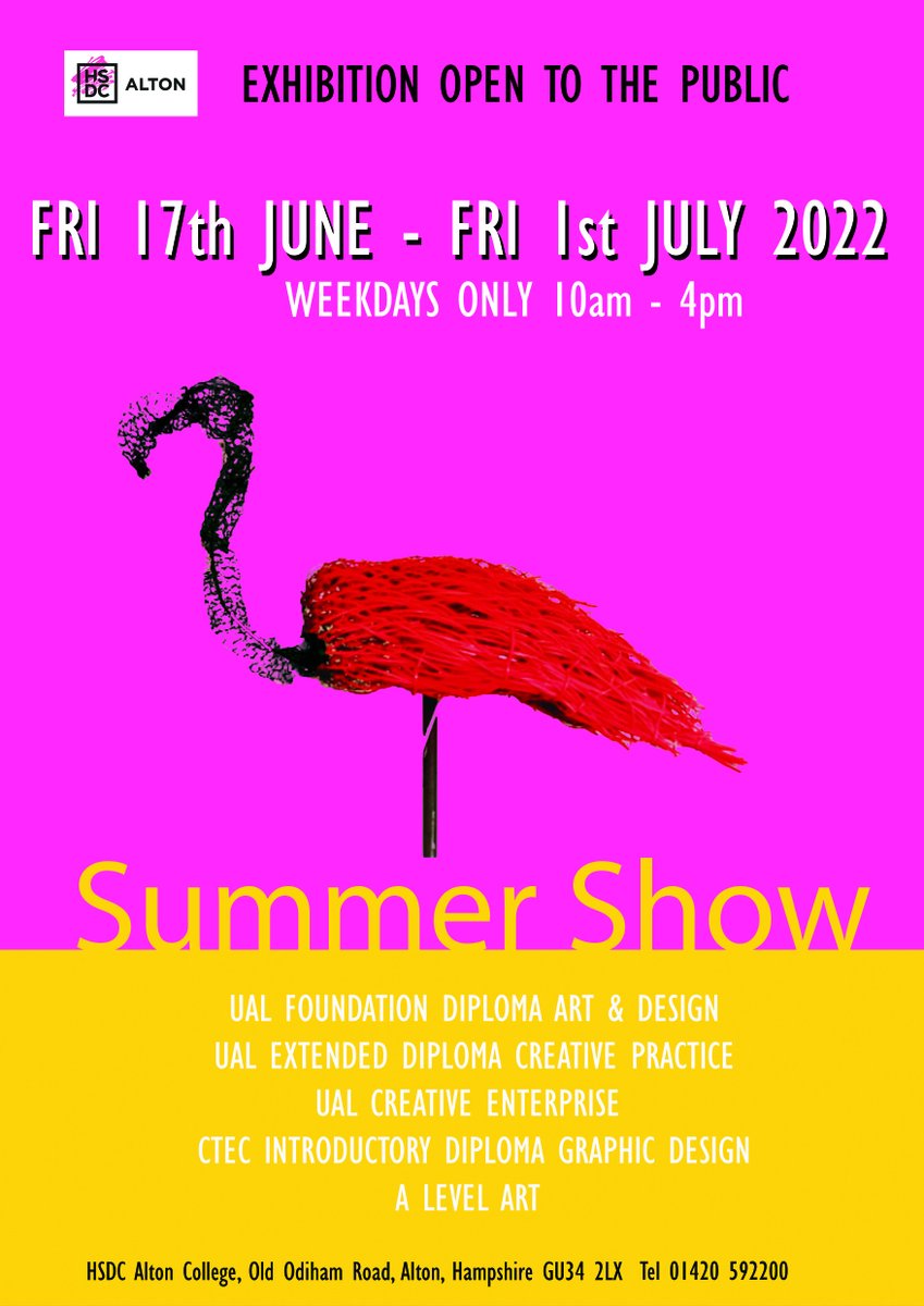 Be_HSDC's tweet photo. Don't miss seeing our talented students' work on display at HSDC Alton from this Friday! 🎨😍

For two weeks, visitors will be able to admire work from students on a variety of creative courses at our Summer Show, open each weekday from 10am to 4pm 😊 https://t.co/1IsB8DRYnw
