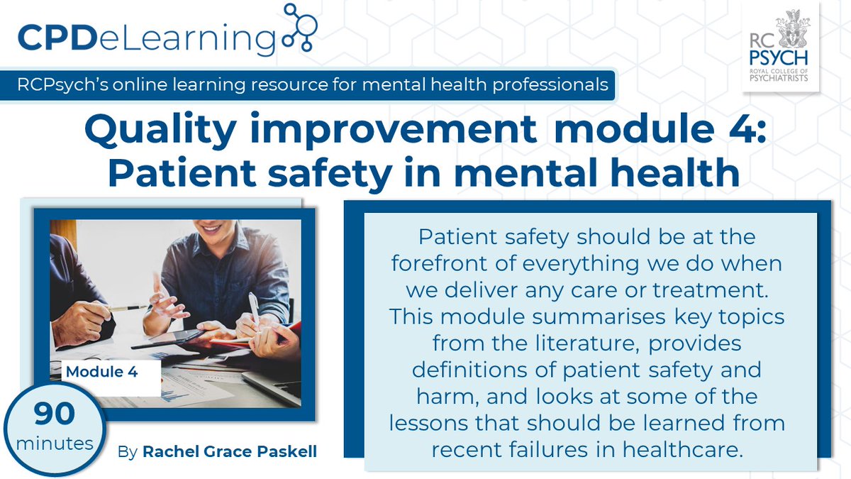 rcpsych_eLearn's tweet photo. Attending #RCPsychIC #session 'Who are we keeping safe?' with @DrChloeBeale?
Take a look at #CPDeLearning 'QI module 4: #Patient #safety in #mental #health', one of our 5 #QI #modules
🔗➡️ https://t.co/lfguuvriKI
#onlinelearning #CPDCredits #patientsafety #mentalhealth https://t.co/QHz7OuBuuK