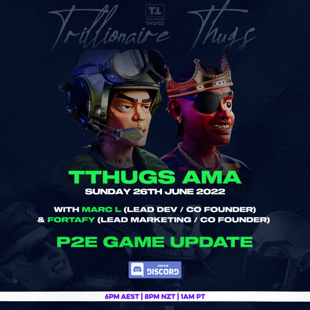 TThugsNFT's tweet photo. TRILLIONAIRE THUGS AMA - Sunday 26th of June with our Co-founders in our discord (link in bio) 💎🙌 make sure to save the date! We will be updating you on all developments on our P2E game &amp; more 👀. See you all there 🧑‍💻 #TrillionaireThugs #TThugArmy #NFT #P2E https://t.co/4GQsjhPI1h