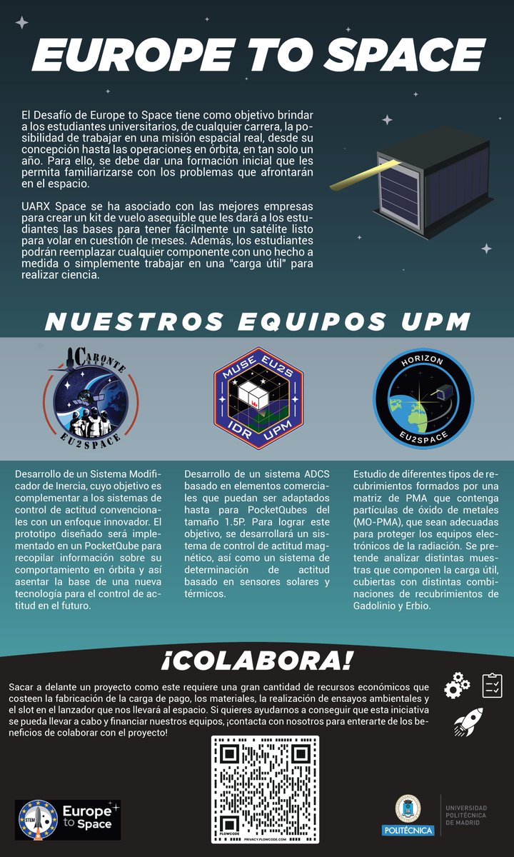 Participa en la campaña de #crowdfunding y ayuda a los equipos de <a href="/La_UPM/">Universidad Politécnica de Madrid</a> seleccionados por el programa #eu2space para desarrollar y enviar sus satélites al espacio.
🚀 eu2space.com/contribute.php
<a href="/CaronteCrew/">Caronte Crew</a> <a href="/upmqube/">UPMQube Team</a> <a href="/TeamHorizonUPM/">Horizon</a> 
#ETSIAE <a href="/DelegacionAero/">Delegación de Alumnos de la ETSIAE</a> <a href="/eu2space/">Europe to Space</a> 
#somosUPM