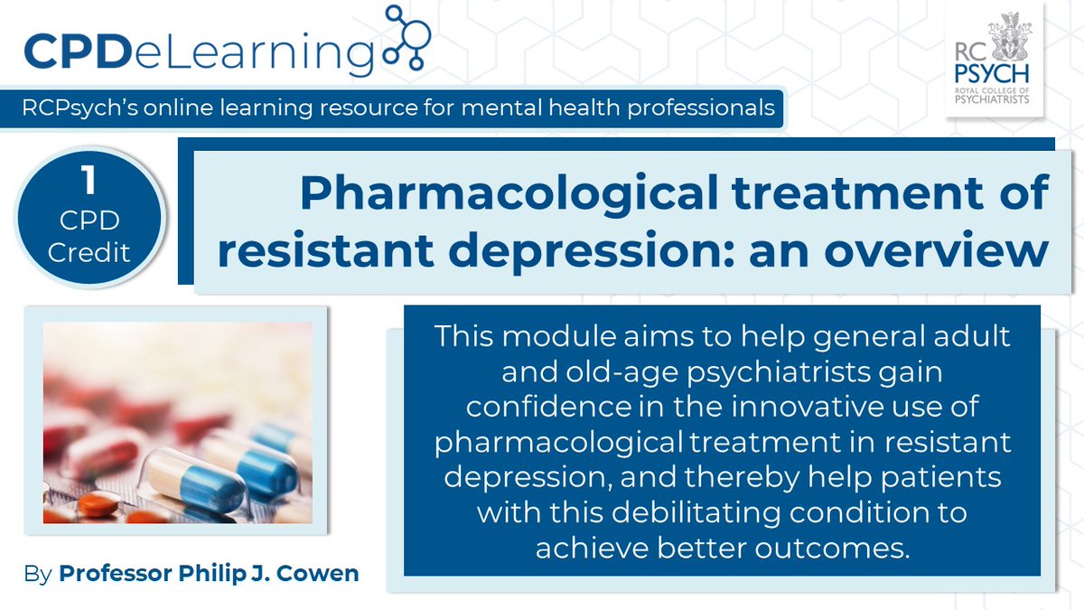 rcpsych_eLearn's tweet photo. Afternoon of #day1 #RCPsychIC sees sessions on '#Treatment #Resistant #Psychosis' with @FGaughran.
Attending and #interested to #learnmore? Try 60 minute #CPDeLearning module '#Pharmacologicaltreatment of #resistantdepression: an overview'.
💻🔗 https://t.co/nNORRfh4uI https://t.co/2jhu78tD8X