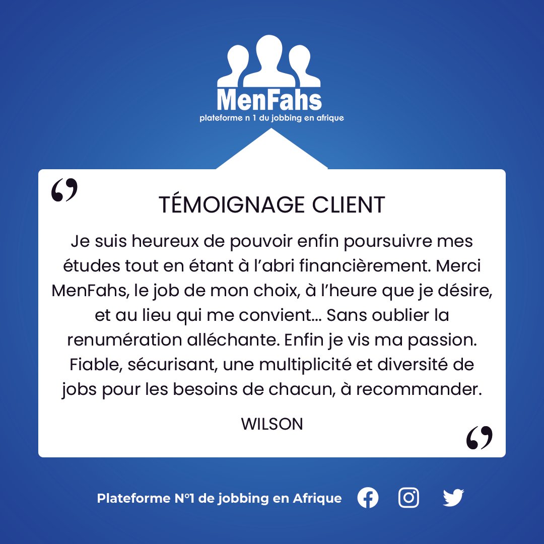 MenFahs's tweet photo. Hello World. 
Hello les jobbeurs.
Pour ceux qui propose des services et qui ne sont pas encore enregistré sur le site https://t.co/zg8VjADcXS c'est le moment de le faire. 
Un témoignage de l'un de nos clients. 
Bon mercredi à tous.
#menfahs 
#jobbing https://t.co/QZvLCprhGQ
