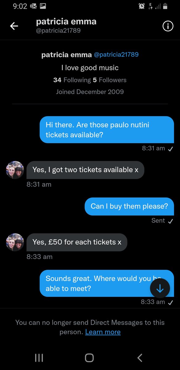AndyAndersonnn's tweet photo. Be careful! This account tweeted saying it is selling Paulo Nutini tickets for Edinburgh. Its a scam. Tried to get me to transfer ��100 pounds for 2 tickets https://t.co/T5U1wXXNnK