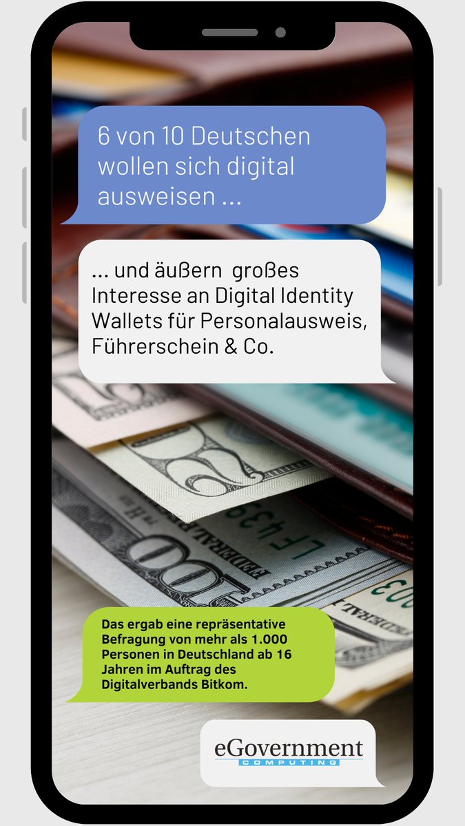 egovernmentde's tweet photo. #ZahlDerWoche: 60 Prozent der Deutschen würden auf ein klassisches #Portemonnaie verzichten, wenn sie sich #digital durch #DigitalIdentityWallets, die ganz einfach auf das Smartphone geladen werden können, ausweisen könnten.
https://t.co/GuIx2C58A9 https://t.co/6g2FYSVYv9