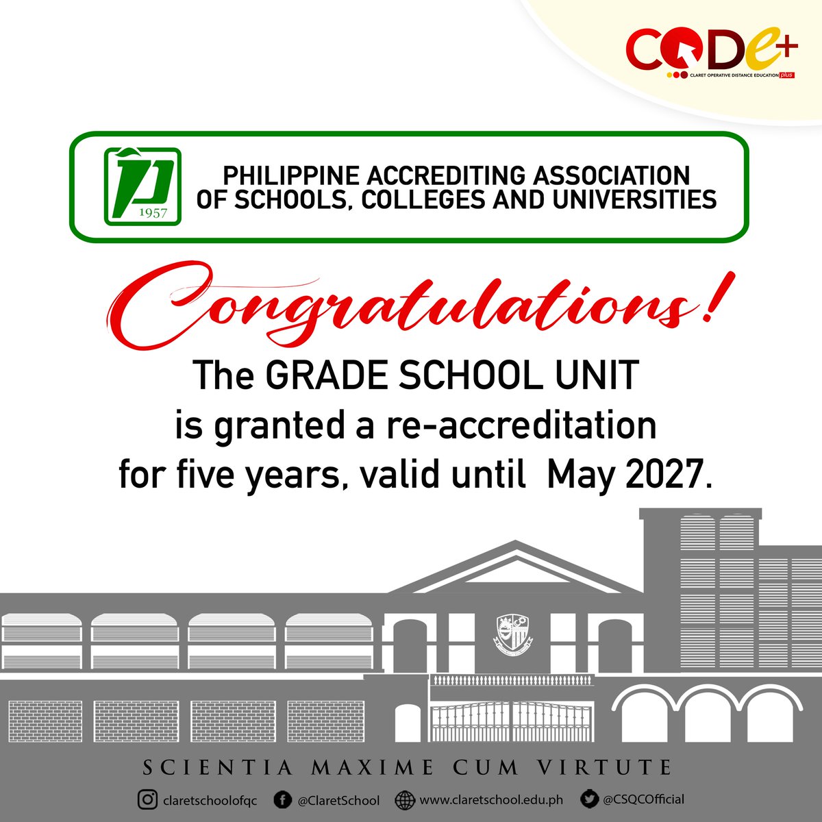 CSQCOfficial's tweet photo. Here's the link to the Certificate of Accreditation from the Philippine Accrediting Association of Schools, Colleges and Universities (PAASCU) granting Claret School Grade School Unit  a re-accreditation for five years. https://t.co/Tf5o8acsqo
CONGRATULATIONS, Grade School Unit! https://t.co/bCCYfYnJyw