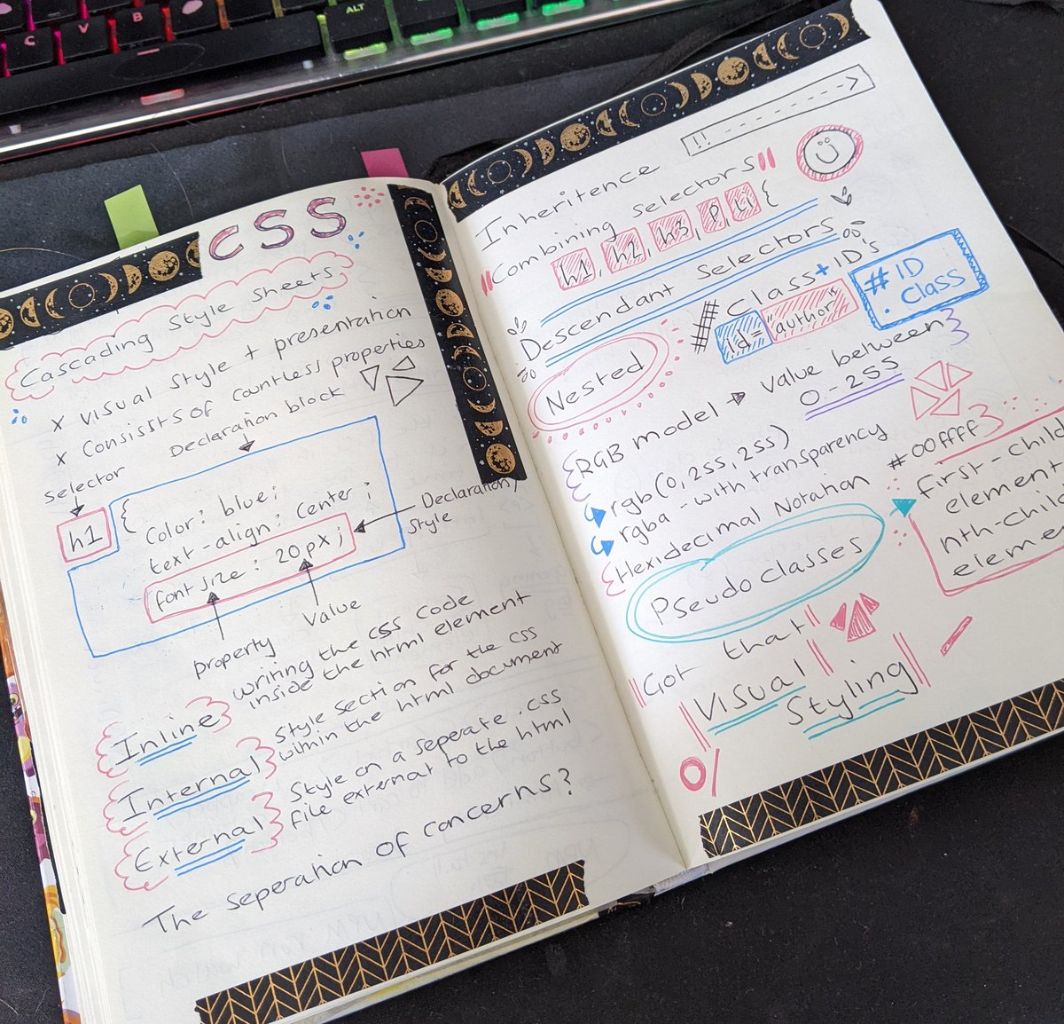 Lasaramander's tweet image. Never thought I would be able to get html and css to stick in my head but I have managed it through the power of:
Gel pens and washi tape!!!!! 
#learning #codenoob