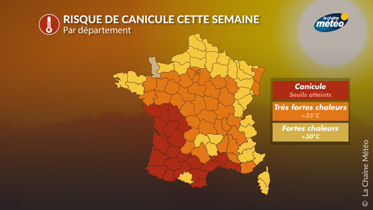 lachainemeteo's tweet photo. Fortes chaleurs et #canicule : toute la France sera concernée, mais à des degrés divers. Voici, en un coup d'œil, ce qui vous attend jusqu'à dimanche. Notons qu'une canicule se définit par des seuils départementaux bien établis (généralement 20° la nuit et de 35° à 36° le jour). https://t.co/dXZnGLPq2o