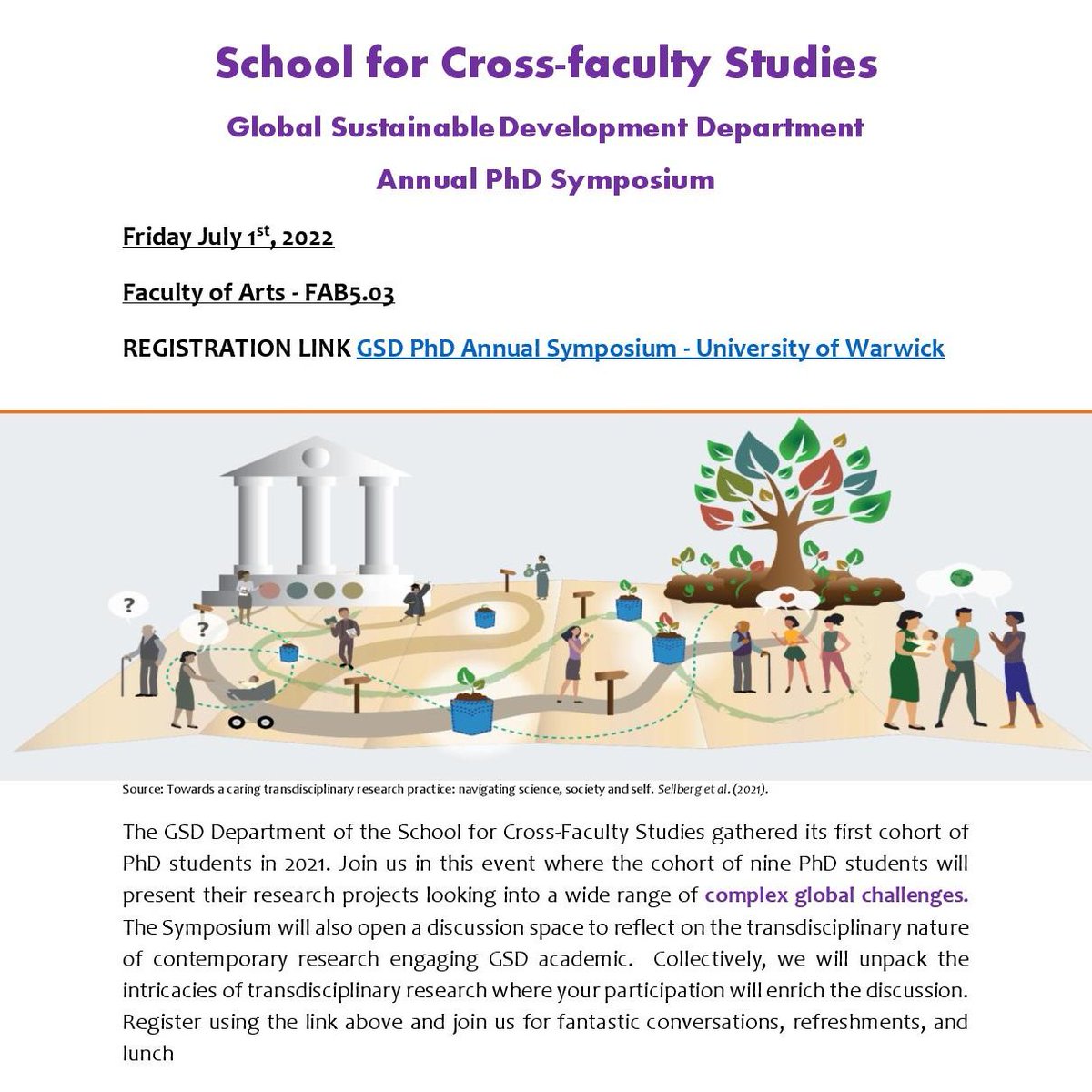 Our first cohort of PhD students are organising a PhD Symposium! This event will be a space for our students to present their research projects and for discussions around transdisciplinary research. 

📅 Fri 1 July

Staff and students welcome! Register ➡ warwick.ac.uk/fac/arts/schoo…