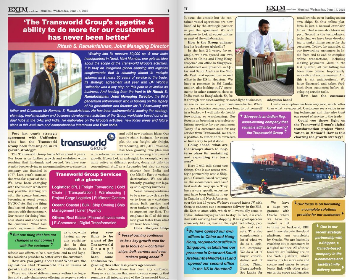 TransworldTweet's tweet photo. Mr. Ritesh S. Ramakrishnan, Joint Managing Director, #TransworldGroup shared his thought on how "The Transworld Group's appetite & ability to do more for our customers has never been better".
Read more: https://t.co/5Pf8UaLlip
#ManagementThoughts #ThoughtLeadership https://t.co/hD6kYwZU8Z
