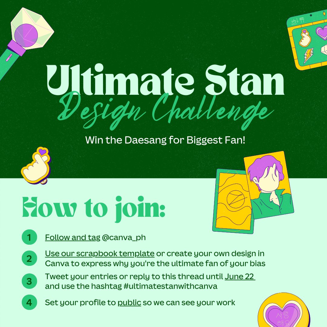 canva_ph's tweet image. ✨ Calling all stans! ✨ It's time to show us why you're the ultimate fan of your bias for a chance to get an album, special fandom merch items and Canva Pro. 🎉 

#ultimatestanwithcanva 
#canvaph