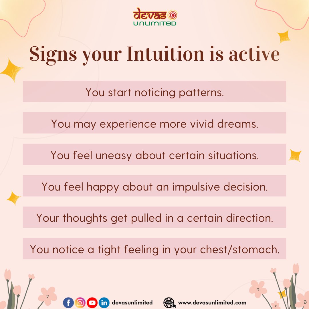 DevasUnlimited's tweet photo. Here are some signs your intuition is active. 😌
Raise your hand if you have experienced any 3 of the above! 🤚🏻

We're arranging a Workshop on intuition. We'd love it if you attend it.
Read more about it here:
https://t.co/EENichgOAn

#Intuition #IntuitionWorkshop #DevasUnlimited https://t.co/6teKrFTTi5