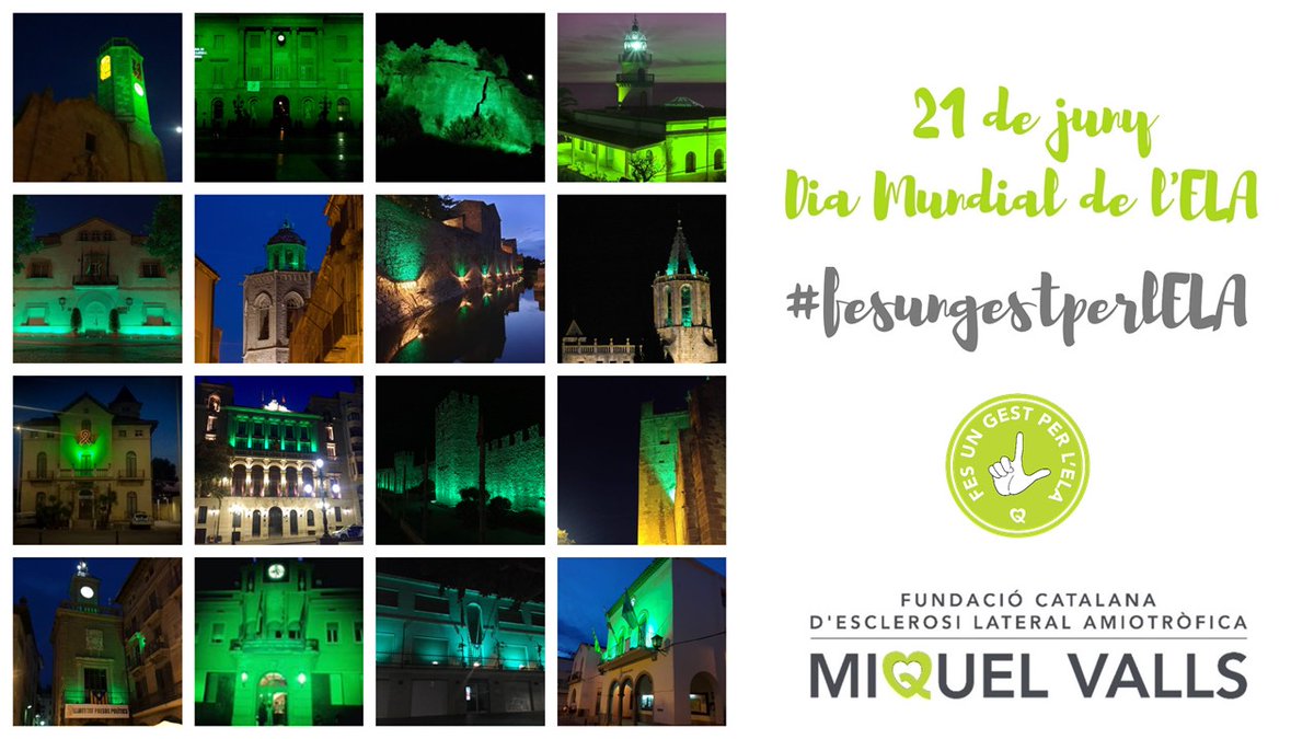 fmiquelvalls's tweet photo. Amb motiu del Dia Mundial de l'#ELA, el  21 de juny molts ajuntaments  il·luminaran de verd💚la façana d’un edifici 🏦per donar a conèixer l’ELA i donar suport a totes les persones afectades per aquesta malaltia gràcies a la campanya #FesunGestperlELA👆.
➡️https://t.co/pyzJ9kUtuK https://t.co/VbgAQbvMlA