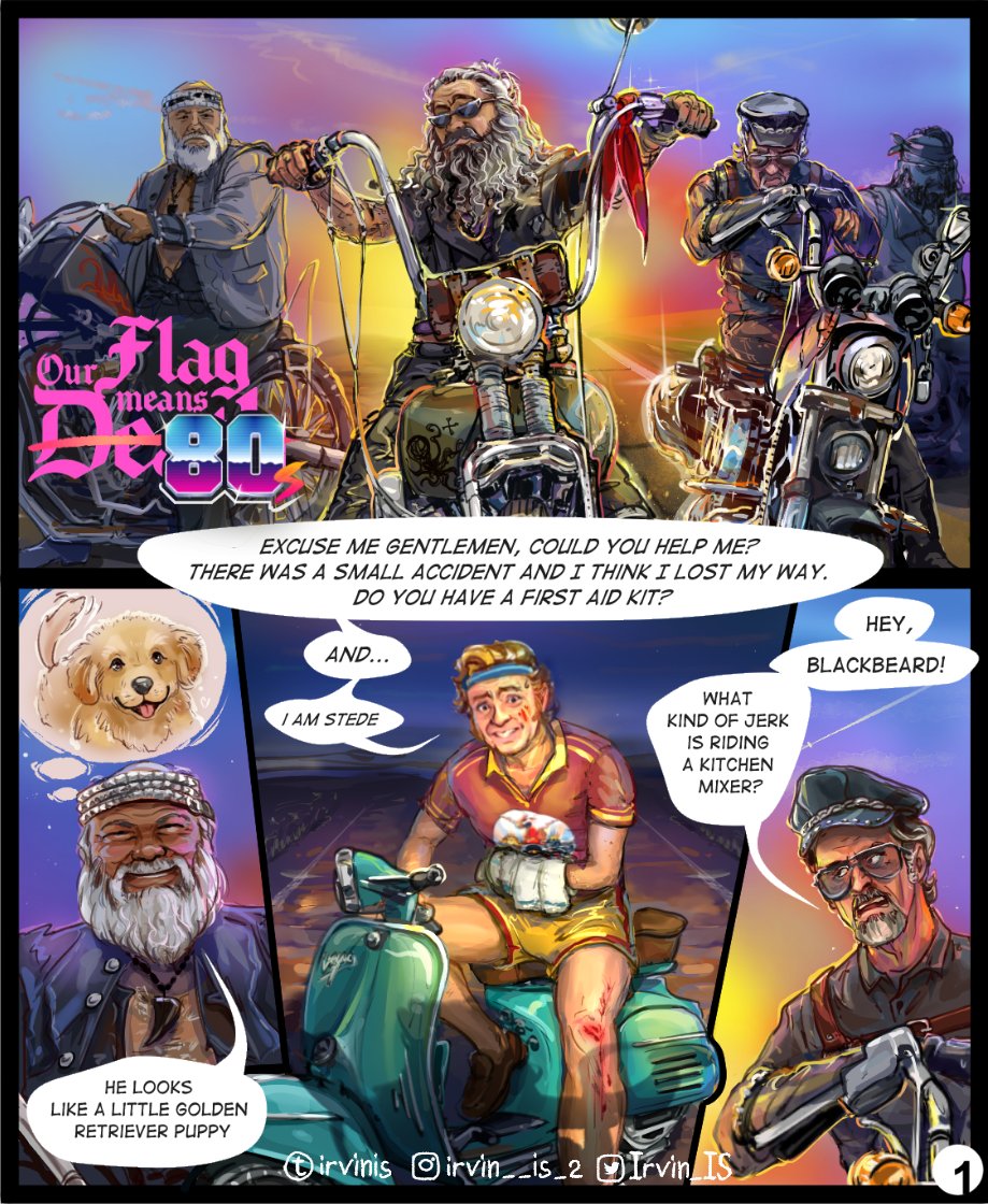 Irvin_IS's tweet photo. Our Flag Means Death 80s (P.1) Starting a new story.#OurFlagMeansDeath #ofmd #TaikaWaititi #StedeBonnet #blackbeard #EdwardTeach #blackbonnet #rhysdarby #izzyhands @cononeilluk #fang #ivan #blackbeardscrew #ofmdAU #80s #bikers #comics https://t.co/LBBOdQpnTM