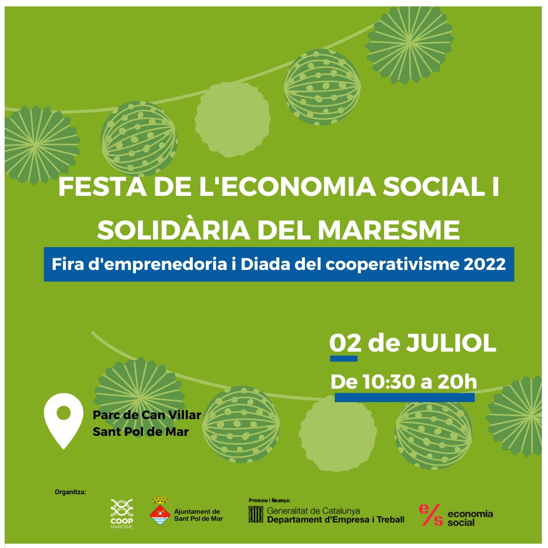 CoopMaresme's tweet photo. 🎉 La Festa de l'#ESS del Maresme arriba a Sant Pol el 2 de juliol per celebrar la 'Fira de l'emprenedoria i la diada del cooperativisme 2022'.

👉🏽L'acte, organitzat per Coop Maresme i l'@ajsantpol,
 compta amb el suport d'@EbriKnight, @musicopcat 
  i @FundacioMaresme. 

🧵👇👇 https://t.co/OwfIsvuW6L