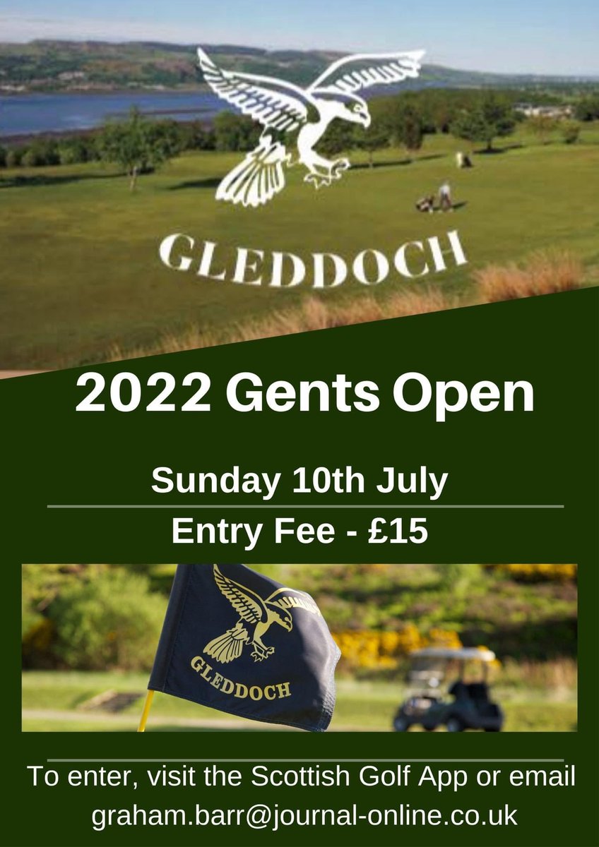 Gleddoch Golf Club (@gleddochgolf) on Twitter photo There’s not long to go until our 2022 Gents Open on Sunday 10th July. ⛳️
Enter now 👇🏻 There’s not long to go until our 2022 Gents Open on Sunday 10th July. ⛳️
Enter now 👇🏻