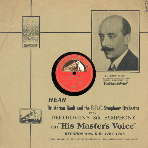 #WaybackWednesday  Before Vinyl Album Artwork
78s discs, the forerunner of vinyl were often sold in plain or printed sleeves advertising products. This sleeve features an ad for #HMV Dr Adrain Boult and the #BBC Orchestra's latest recording.
Part of <a href="/EMIArchiveTrust/">EMI Archive Trust</a> collection